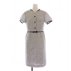 ワンピース ひざ丈 半袖 スキッパーネック リボン 総柄 38 白 グレー /BM MU