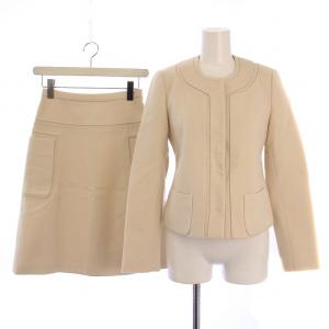 セットアップ 上下 ノーカラージャケット タイトスカート ひざ丈 ウール 40/4 38/2 ライトベージュ