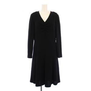 フレアワンピース ひざ丈 長袖 Vネック 無地 ウール 40 黒 ブラック /BB MU
