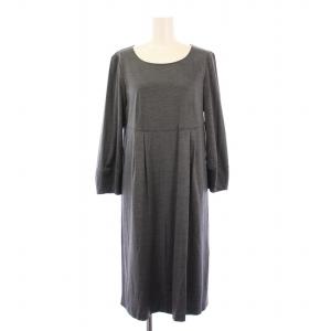 フレアワンピース ひざ丈 長袖 クルーネック ストレッチ 無地 シルク サテン 40 グレー /BB MU