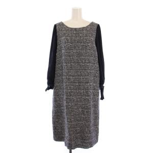 ラメループモールツイード ワンピース ひざ丈 七分袖 切替 リボン 6 紺 OPWLKS0006 /BM