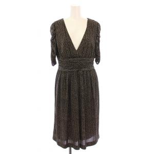 フレアワンピース ひざ丈 半袖 Vネック 総柄 40 黒 ブラック ベージュ /BB MU