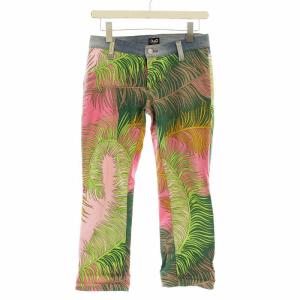 デニムパンツ 花柄 異素材切替 ジーンズ クロップド パンツ 26 青 ピンク /G MU