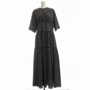 パンジープリントクルーネックマキシワンピース ロング 長袖 36 黒 ブラック 白 ホワイト 11-06-01-06134