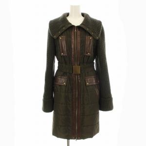 中綿コート ロング ニット切替 ジップアップ ウール ベルト付き IT40 カーキ 茶 ブラウン KA102-053-78
