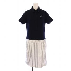 ゴルフウェア ワンピース ひざ丈 半袖 ストライプ切替 ロゴ刺繍 L 紺 白 241-8113302 /BM
