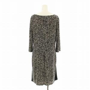 LAUREN RALPH LAUREN DRESS ワンピース フレア ミモレ ロング 七分袖 総柄 切替 ストレッチ 12P 黒 ブラック 白