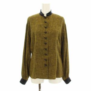 シャツ ブラウス 長袖 バンドカラー シルク M 黄 イエロー 黒 ブラック BL15J3701 /KU