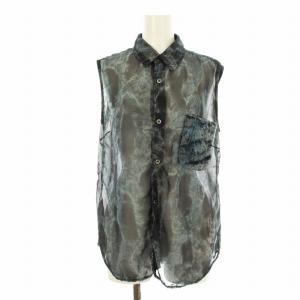 AD2015 シャツ ブラウス ノースリーブ シフォン 総柄 S 青 ブルー 黒 ブラック GQ-B007