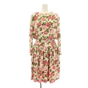 ワンピース フレア ミモレ ロング 長袖 花柄 バラ柄 9 白 ホワイト ピンク 緑 グリーン E-21552