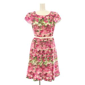 ワンピース フレア ひざ丈 半袖 チューリップスリーブ 花柄 ベルト付き 38 ピンク 121107 /KU