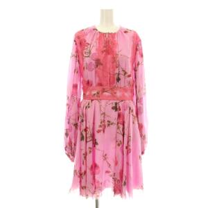 ワンピース フレア ミモレ ロング 長袖 シフォン 花柄 レース シルク 42 ピンク 19FWPVCI5515