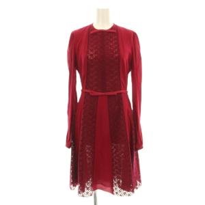 ワンピース フレア ミモレ ロング 長袖 切替 レース リボン シルク 40 ボルドー GVPS18051