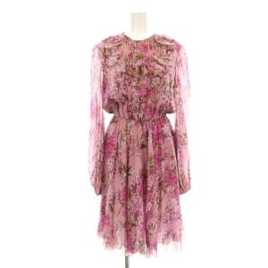 ワンピース フレア ミモレ ロング 長袖 シフォン 花柄 フリル シルク 42 ピンク 19SSPVCI5510