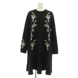 23AW フラワーリーフ刺繍ニットワンピース フレア ひざ丈 長袖 クルーネック ウール混 0 黒 ブラック