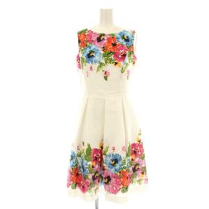 ワンピース フレア ミモレ ロング ノースリーブ フラワープリント 花柄 38 白 ホワイト マルチカラー