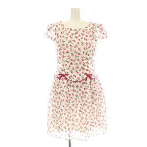 ワンピース フレア ひざ丈 半袖 チューリップスリーブ 花柄 ミニバラ柄 プリント 38 白 ホワイト