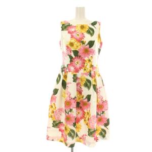 ワンピース フレア ひざ丈 ノースリーブ 花柄 36 白 ホワイト ピンク 黄 イエロー 911117