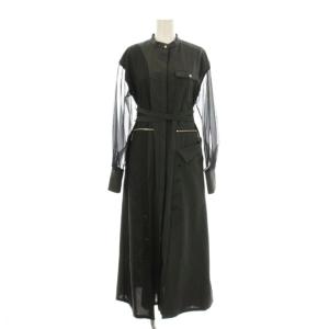 23SS シアーコンビミリワンピース フレア ロング マキシ 長袖 バンドカラー デザイン 2 グレー