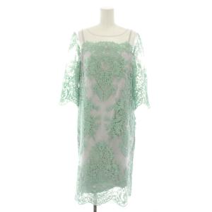 オーナメントパネルチュールワンピース ひざ丈 七分袖 レース 総柄 36 緑 グリーン グレー 37035061