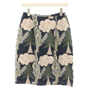森のスカート ひざ丈 タイト 総柄 9 64-91 紺 ネイビー ベージュ 緑 グリーン 57-21-8023