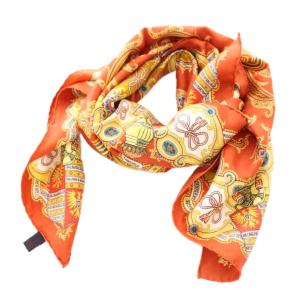 スカーフ ペイズリー柄 総柄 シルク オレンジ マルチカラー /KU BM