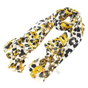 スカーフ ストール 牛柄 チェーン柄 プリント シルク 白 ホワイト 黒 ブラック ゴールドカラー /KU