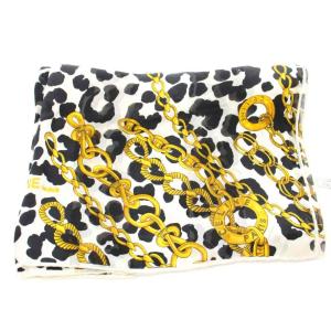 CELINE スカーフ ストール 牛柄 チェーン柄 プリント シルク 白 ホワイト 黒 ブラック ゴールドカラー /KU