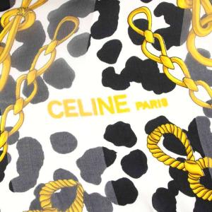 CELINE スカーフ ストール 牛柄 チェーン柄 プリント シルク 白 ホワイト 黒 ブラック ゴールドカラー /KU