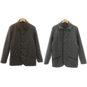 リバーシブルキルティングコート アウター 中綿 無地 チェック柄 40 茶 ブラウン グレー H1F25-830-07