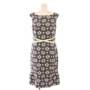 フレアワンピース ひざ丈 クルーネック ノースリーブ 花柄 刺繍 バイカラー ウール 2 グレー 白 ホワイト