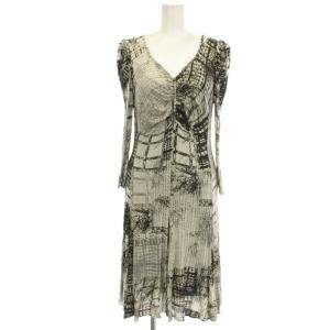 ストレッチ ワンピース 七分袖 ひざ丈 総柄 40 白 黒 M5J11-444-09 /G MU