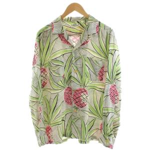アロハシャツ 長袖 パイナップル柄 L ピンク 白 ホワイト 緑 グリーン /AN67 MU