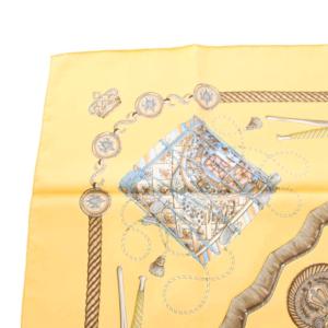 HERMES LES TAMBOURS タンブールの太鼓 90カレ スカーフ シルク イエロー