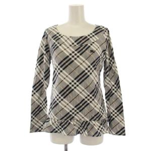 Tシャツ カットソー 長袖 チェック柄 38 白 紺 /BM MU