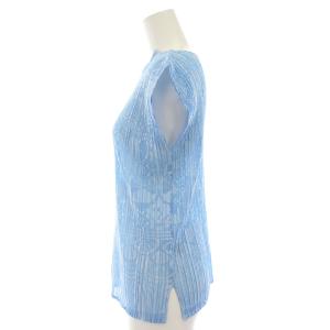 PLEATS PLEASE ISSEY MIYAKE イッセイミヤケ ブラウス カットソー キーネック 半袖 フレンチスリーブ 総柄 3 水色 ライトブルー