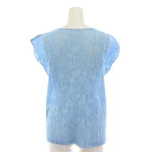 PLEATS PLEASE ISSEY MIYAKE イッセイミヤケ ブラウス カットソー キーネック 半袖 フレンチスリーブ 総柄 3 水色 ライトブルー