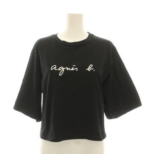 Tシャツ カットソー 3 黒 ブラック ロゴプリント 五分袖 ラウンドネック EBI0S137 /YM