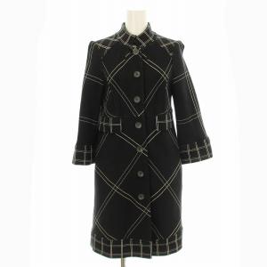 ジャージーコート ミドル丈 スタンドカラー 七分袖 チェック柄 ウール 4 黒 ブラック 白 ホワイト