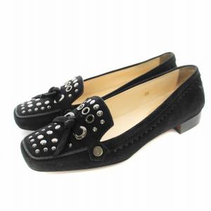 ドライビングシューズ パンプス スクエアトゥ チャンキーヒール スエード スタッズ 36 黒 ブラック