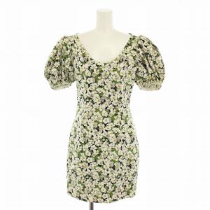 ワンピース ミニ 半袖 パフスリーブ 花柄 34 白 ホワイト 緑 グリーン /YT BM