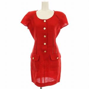 ヴィンテージ リネン ワンピース 半袖  麻 ひざ丈 38 赤 レッド /G BM