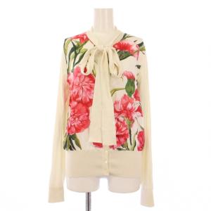 ボウタイ ニットカーディガン 花柄 シルク 40 ホワイト