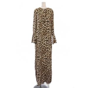 ワンピース ロング 長袖 ヒョウ柄 レオパード柄 シルク XS ベージュ ブラウン /BM BM