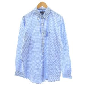 ボタンダウンシャツ 長袖 ギンガムチェック ロゴ 刺繍 L 水色 ライトブルー 710867364004