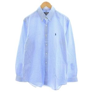 ボタンダウンシャツ 長袖 ギンガムチェック ロゴ 刺繍 L 水色 ライトブルー /AN50 BM