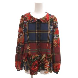 美品 シャツ ブラウス M マルチカラー 切替 チェック柄 花柄 ラウンドカラー 長袖 /KR GY66