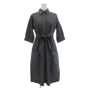 ワンピース 絹 シルク 2 グレー シャツカラー 七分袖 リボンベルト /SX GY66