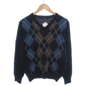 ニット セーター カシミヤ アーガイル柄 Vネック 長袖 M 紺 ネイビー /YJ GY66