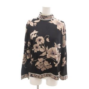 カットソー Tシャツ 長袖 ハイネック 花柄 絹 シルク混 LL 黒 ブラック /SJ ECG003